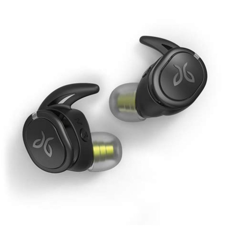Jaybird Run XT product image on white background. The earbuds are in the case, which is open.
