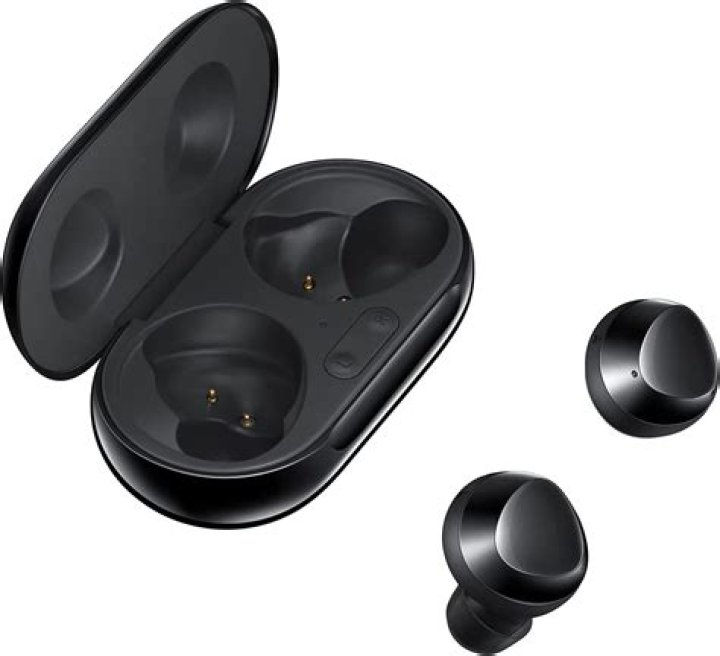 Samsung Galaxy Buds Plus true wireless earbuds S10e Samsung Galaxy Buds Plus true wireless earbuds sitting on top of the Samsung Galaxy S10e.