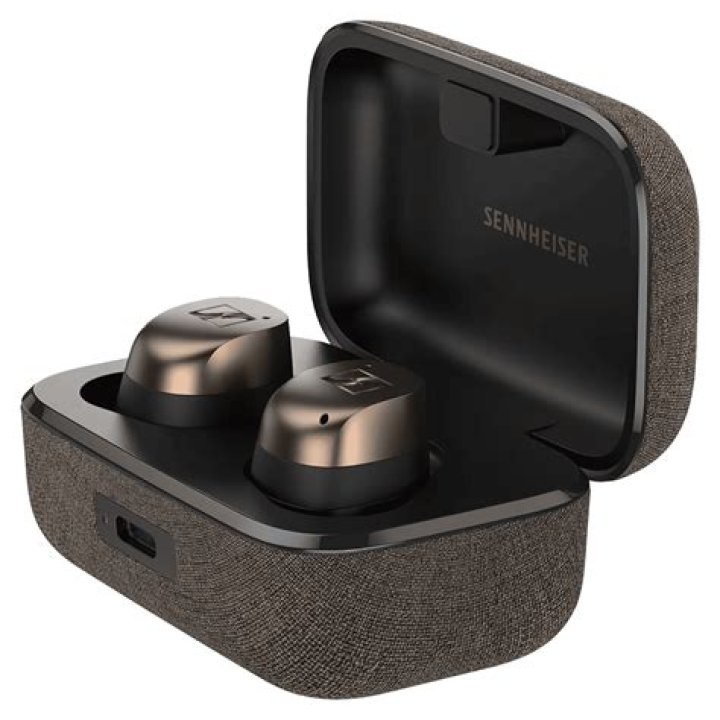 Sennheiser CX Plus TWS case on a bench beside a phone.