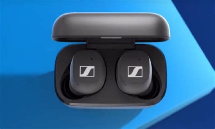 Sennheiser CX Plus TWS earbuds and case on a bench, beside a phone with the Smart Control app open.