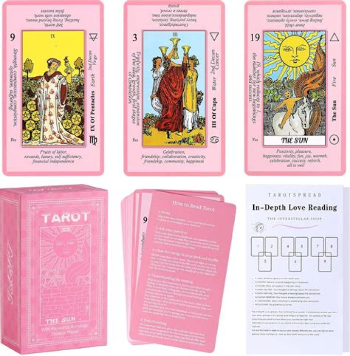 Three pink tarot cards, a pink tarot box, and two information cards